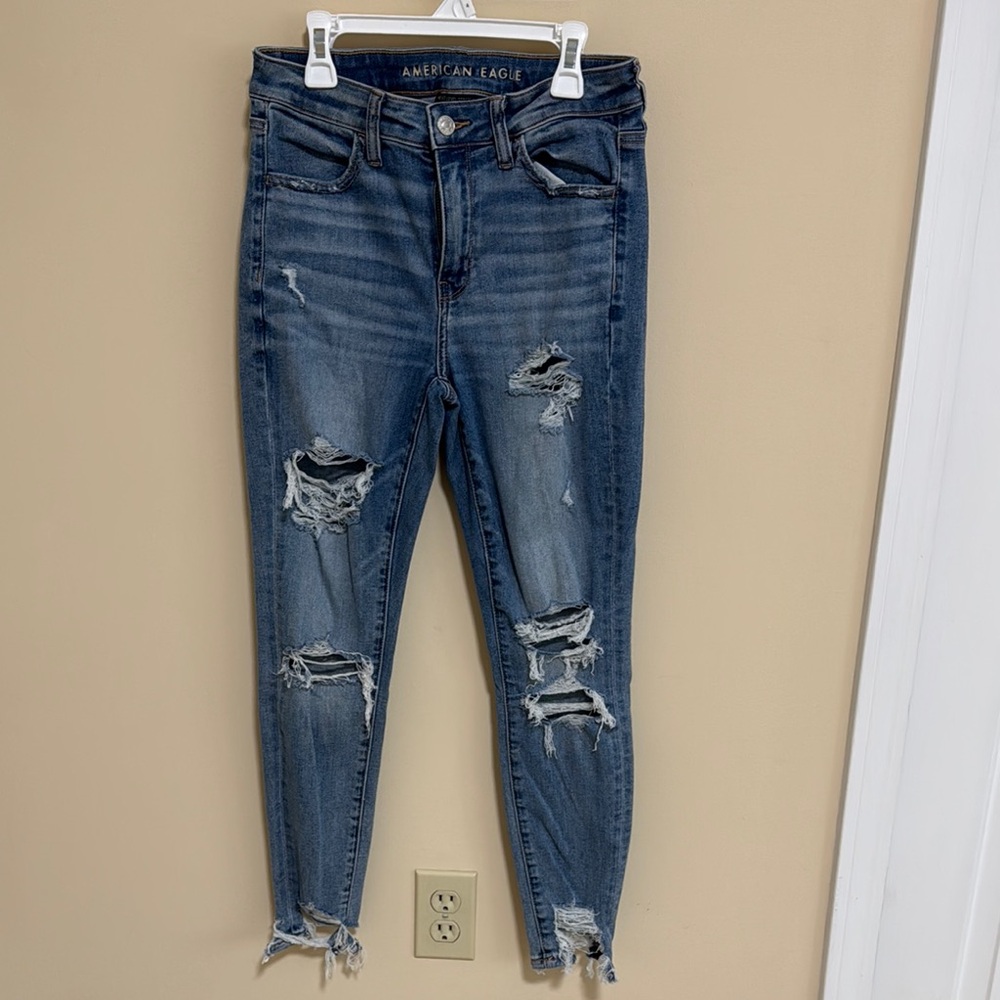 American Eagle Outfitters Blue Skinny Jeans with Distressed Details